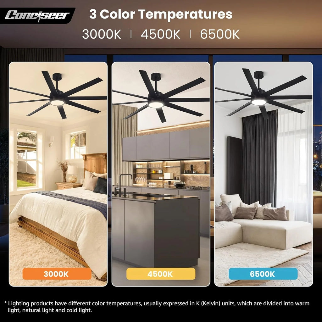 Modern Ceiling Fans with Lights, 72 Inch Ceiling Fan with Light and Remote, Bedroom Living Room Library Cafe Outdoor/Industrial,24W 3CCT Dimmable, 8 Blades 6 Speed Reversible Quiet DC Motor, Black